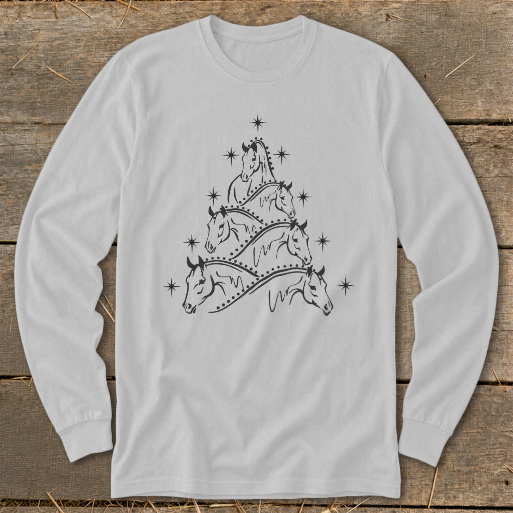 Long-sleeved white shirt with a black horse Christmas tree design.