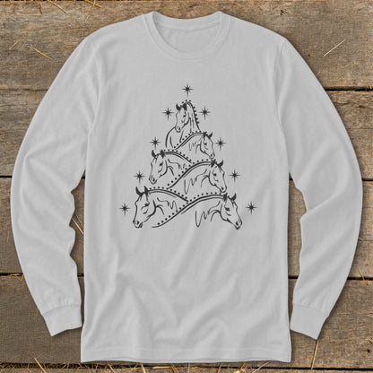 Long-sleeved white shirt with a black horse Christmas tree design.