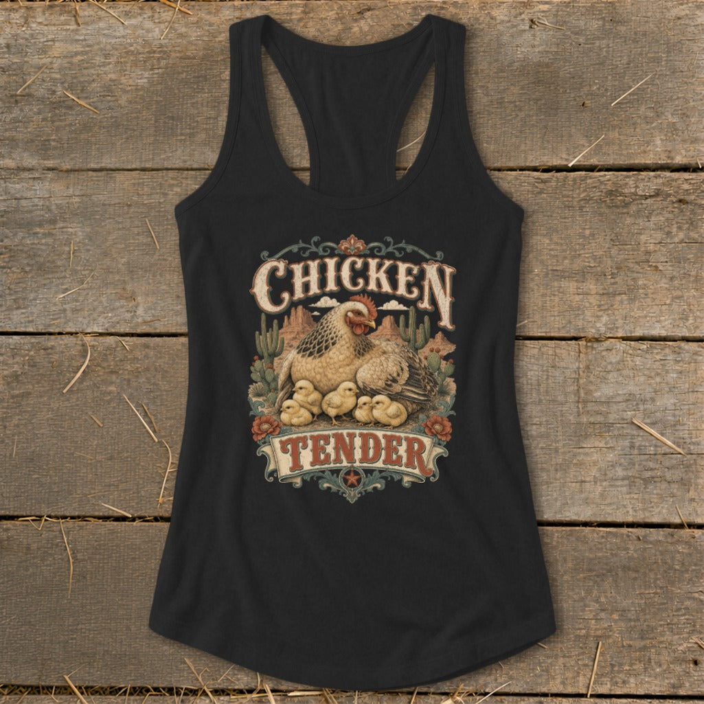 Black tank top with "Chicken Tender" text and a hen with chicks illustration.
