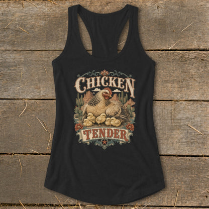 Black tank top with "Chicken Tender" text and a hen with chicks illustration.
