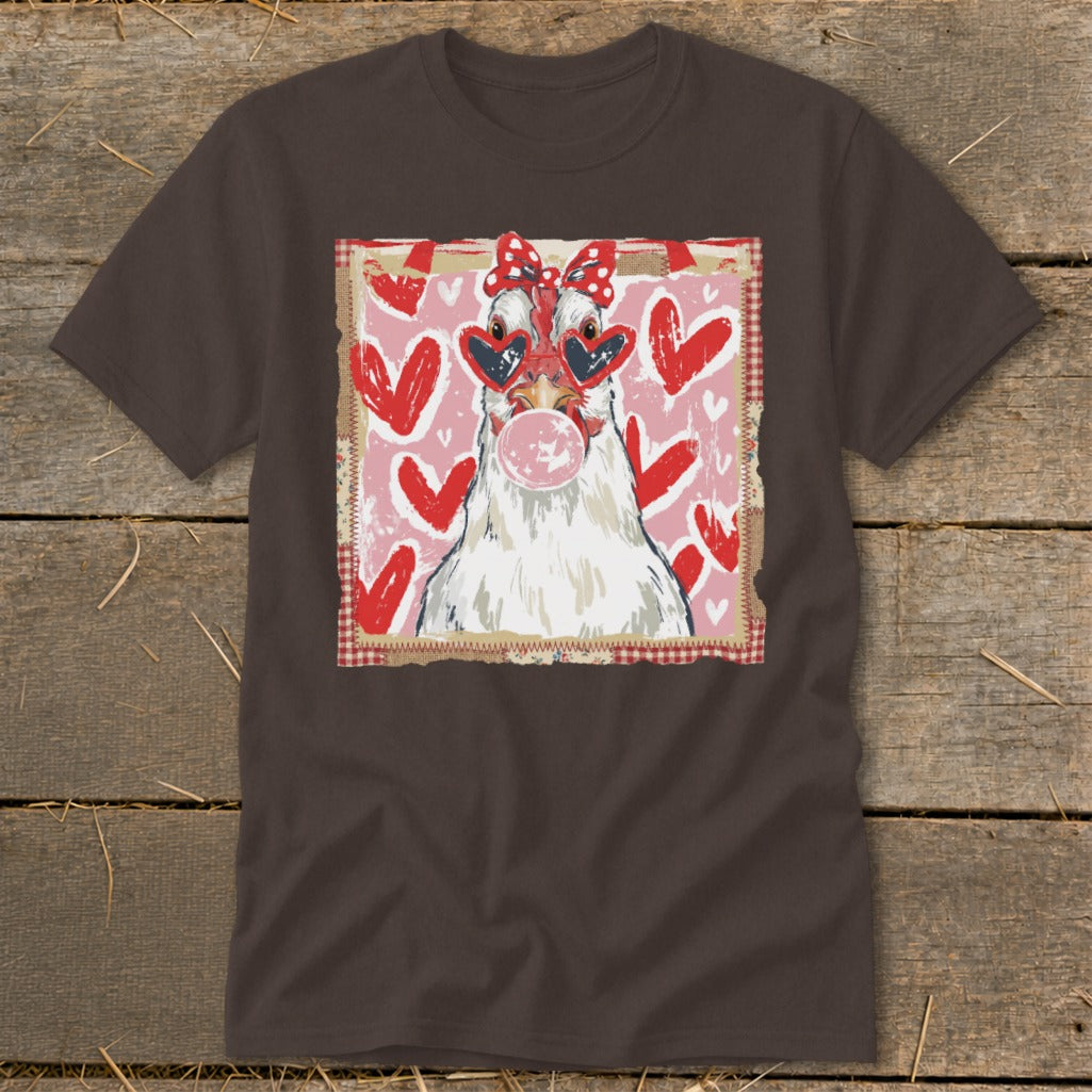 Chicken wearing heart sunglasses and bow, blowing bubblegum on a heart background.