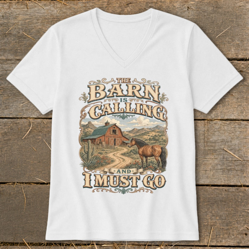 White t-shirt with "The Barn is Calling and I Must Go" text and a barn scene.