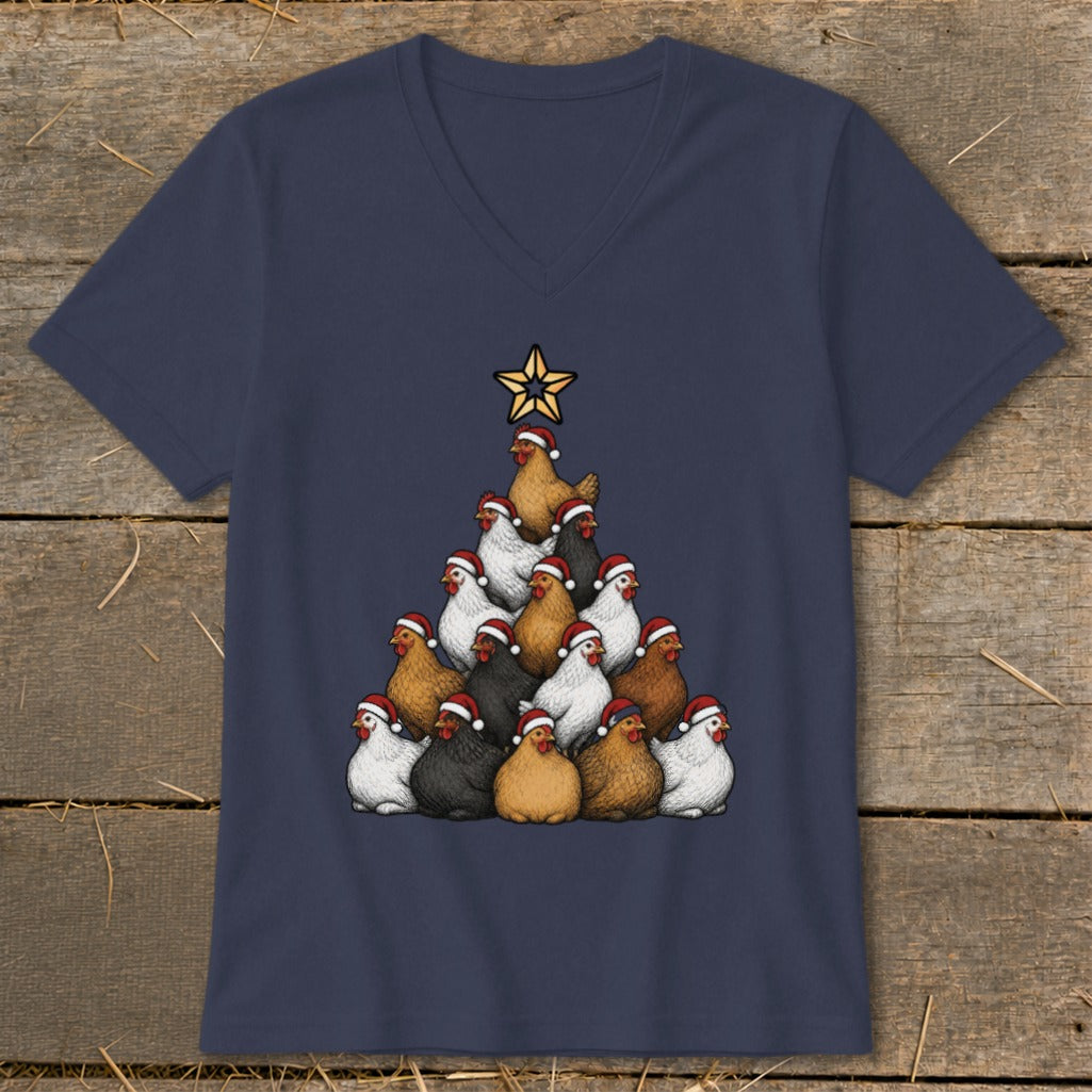 T-shirt with a Christmas tree made of chickens wearing Santa hats.