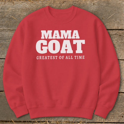 Red sweatshirt with "MAMA GOAT GREATEST OF ALL TIME" text.