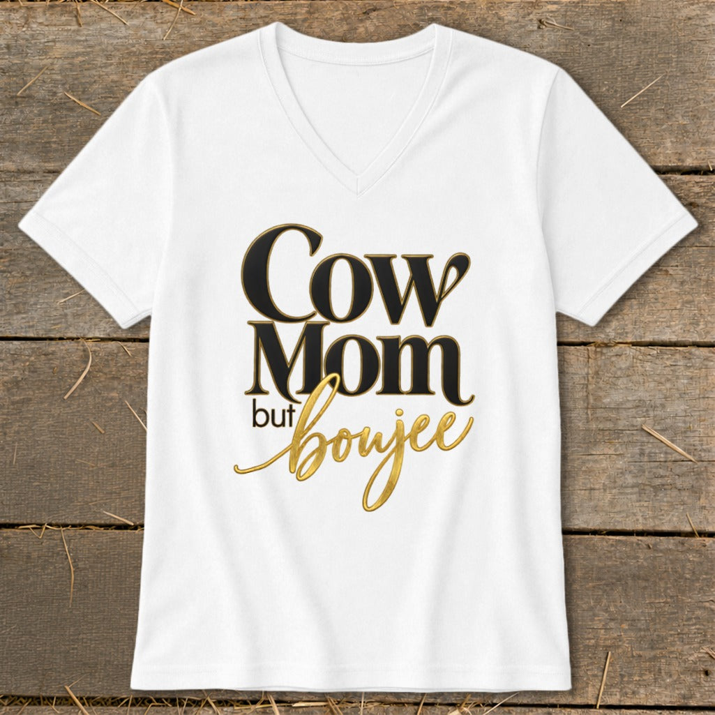 White v-neck t-shirt with black and gold text reading "Cow Mom but boujee".