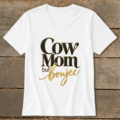 White v-neck t-shirt with black and gold text reading "Cow Mom but boujee".