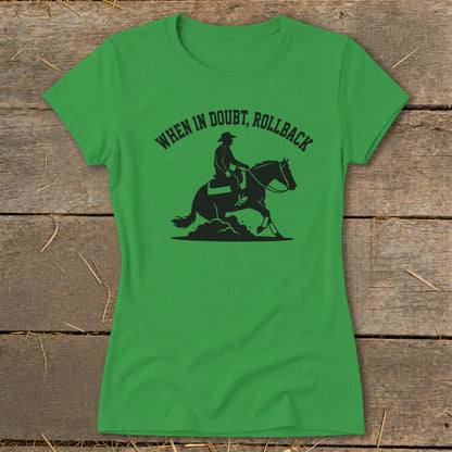 Green t-shirt with black graphic of a cowboy on a horse performing a rollback.