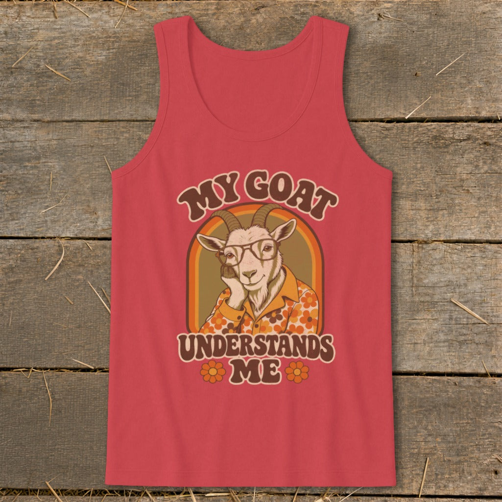 Red tank top with retro graphic of goat wearing glasses and text "MY GOAT UNDERSTANDS ME".