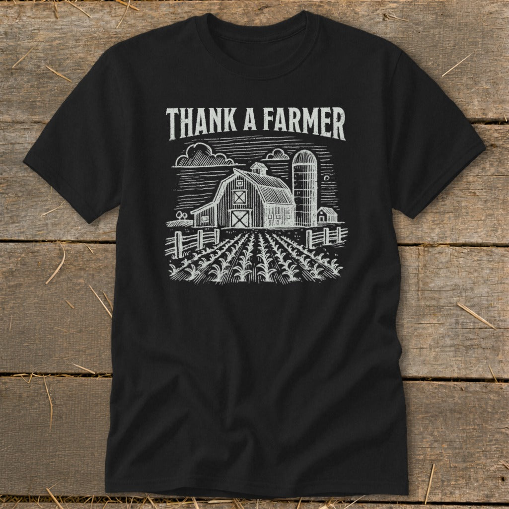Black t-shirt with "Thank a Farmer" text and barn graphic.