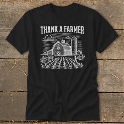 Black t-shirt with "Thank a Farmer" text and barn graphic.