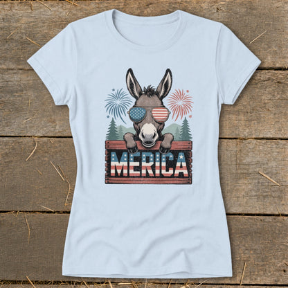 Donkey wearing American flag sunglasses with "MERICA" text and fireworks.