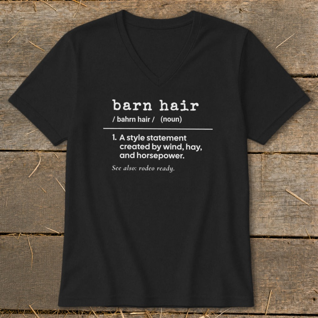 Black v-neck shirt with "barn hair" definition and "rodeo ready" text.