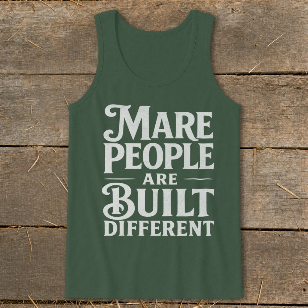 Dark green tank top with white text "Mare People Are Built Different".
