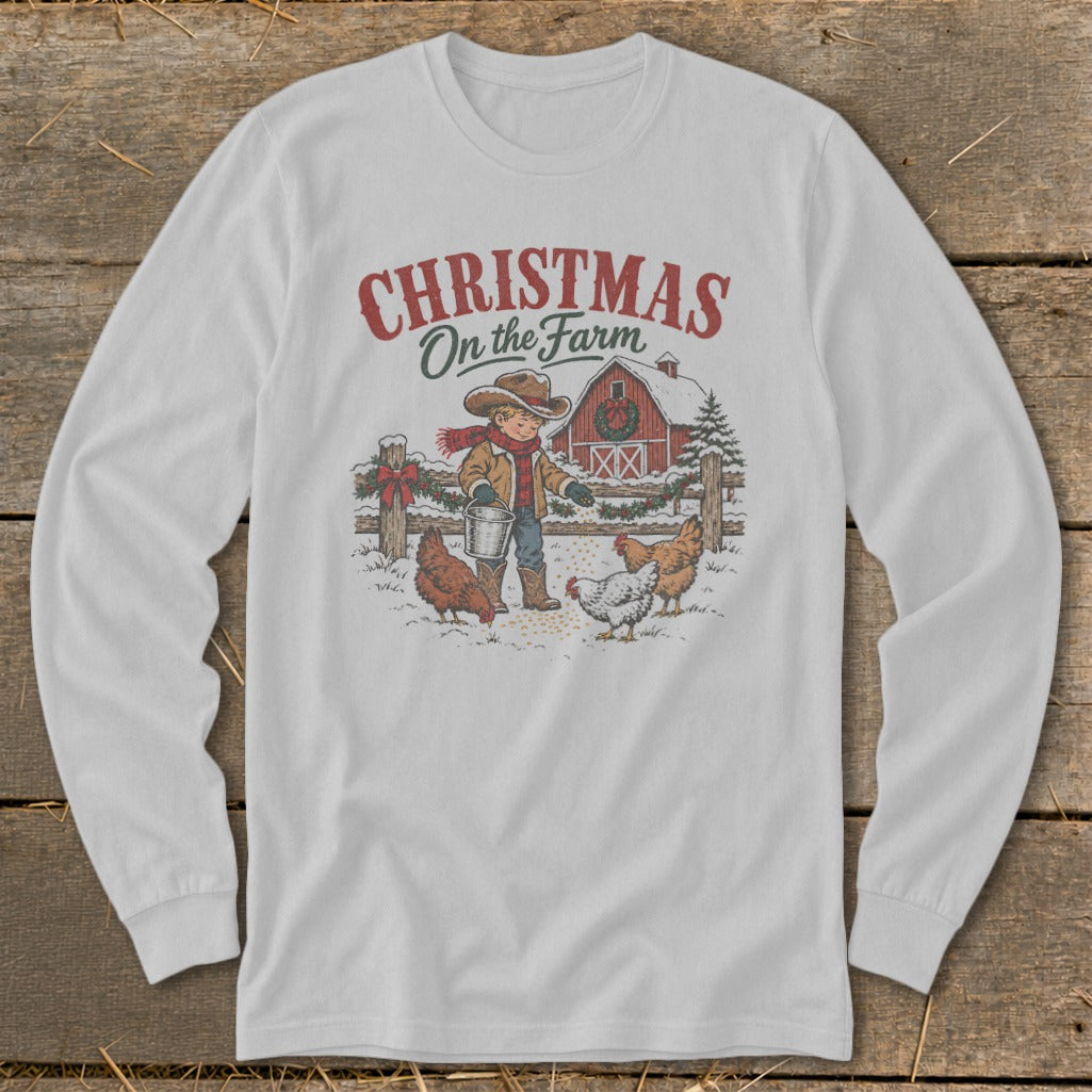 Christmas on the Farm graphic with child feeding chickens by a red barn.