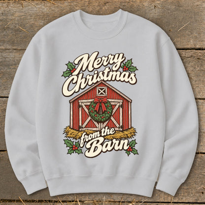 Light gray sweatshirt with "Merry Christmas from the Barn" text and a red barn graphic.