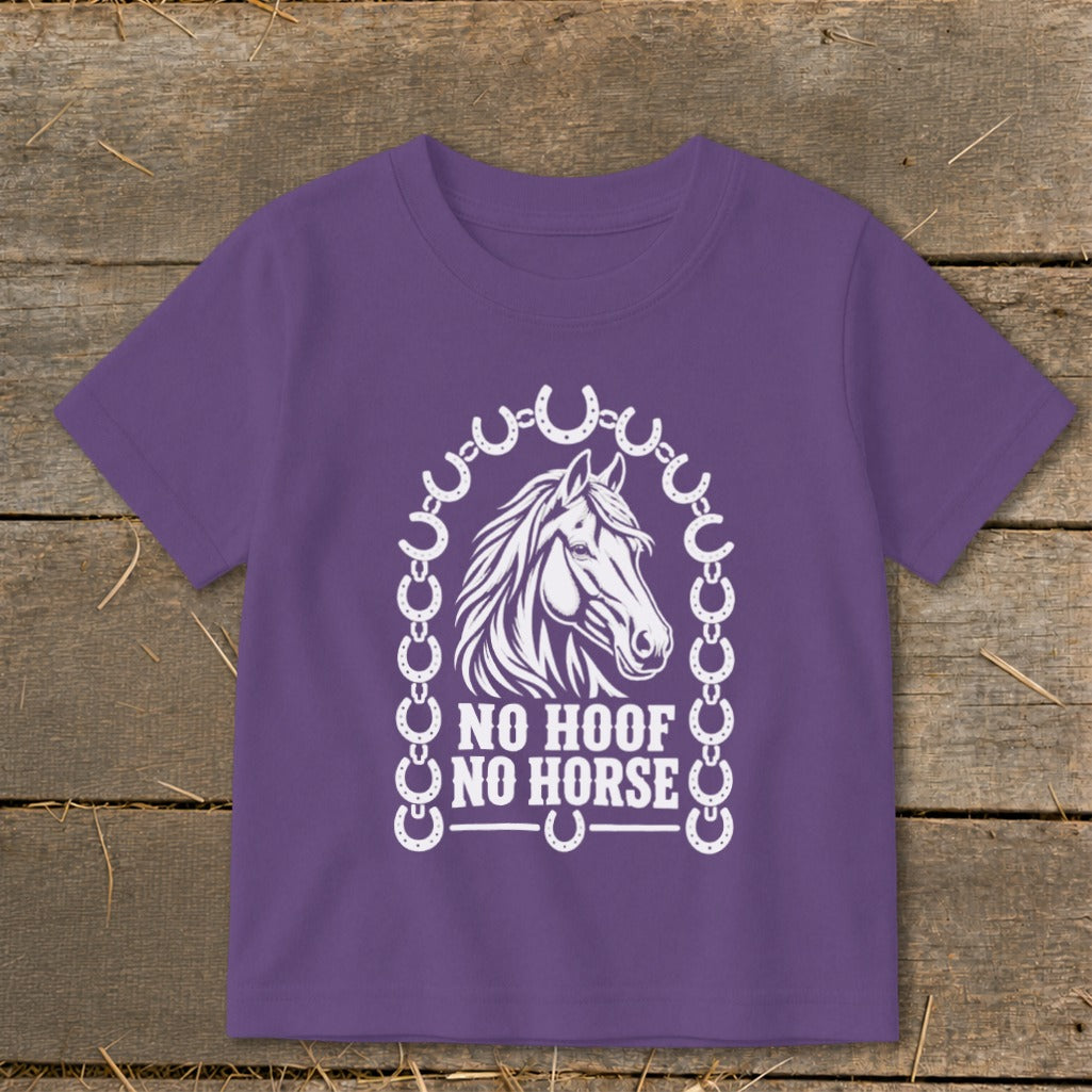 Purple t-shirt with horse graphic and "No Hoof No Horse" text.