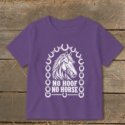 Purple t-shirt with horse graphic and "No Hoof No Horse" text.