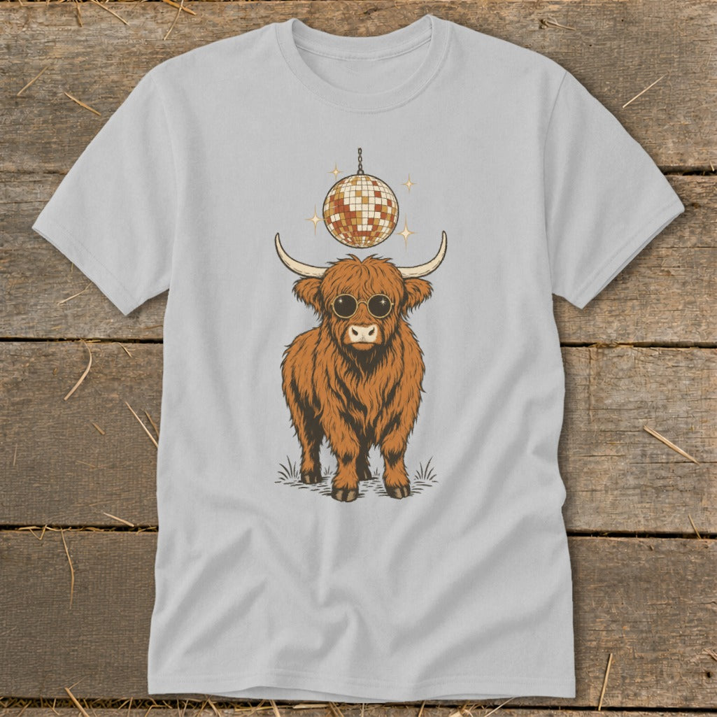 T-shirt with a Highland cow wearing sunglasses and a disco ball.