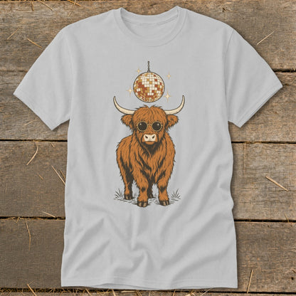 T-shirt with a Highland cow wearing sunglasses and a disco ball.