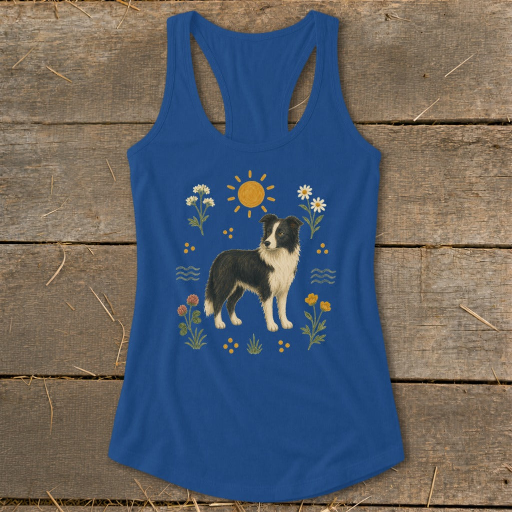 Blue tank top with a Border Collie and floral sun graphic design.