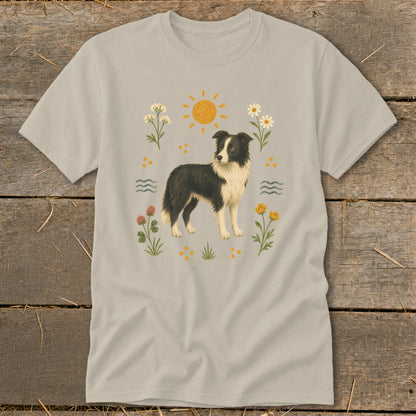 T-shirt with a Border Collie illustration surrounded by wildflowers and sun.