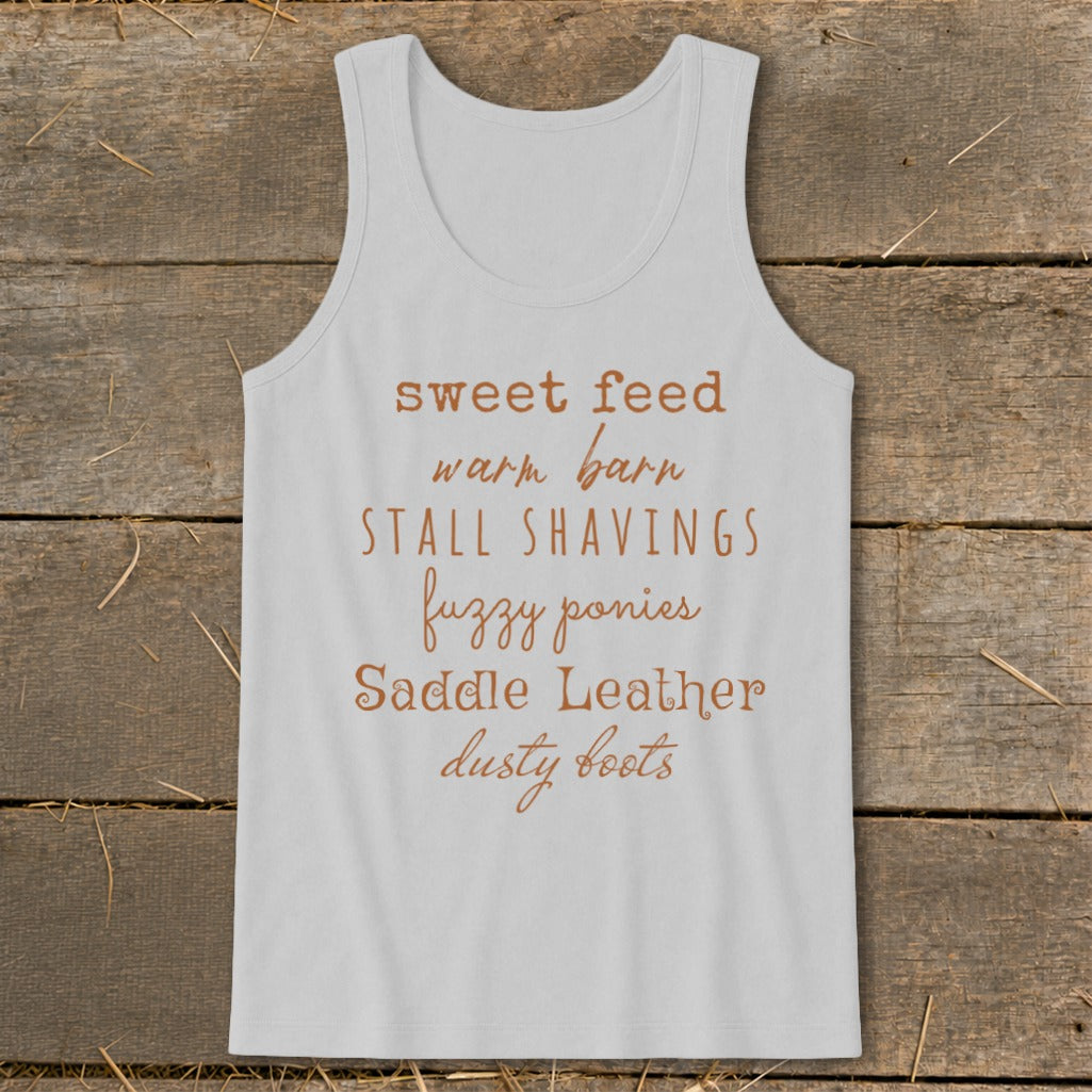 Light gray tank top with brown text listing horse-related items.