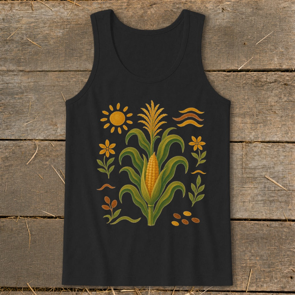 Black tank top with corn stalk, sun, flowers, and wavy lines illustration.