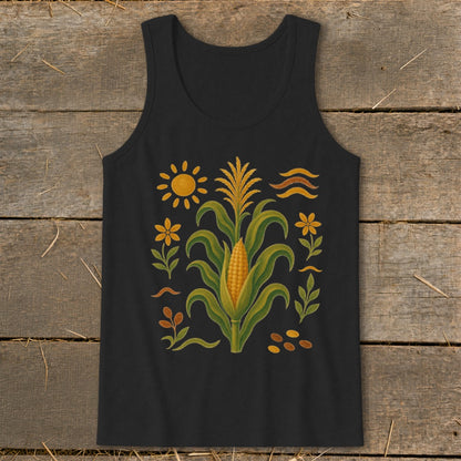 Black tank top with corn stalk, sun, flowers, and wavy lines illustration.