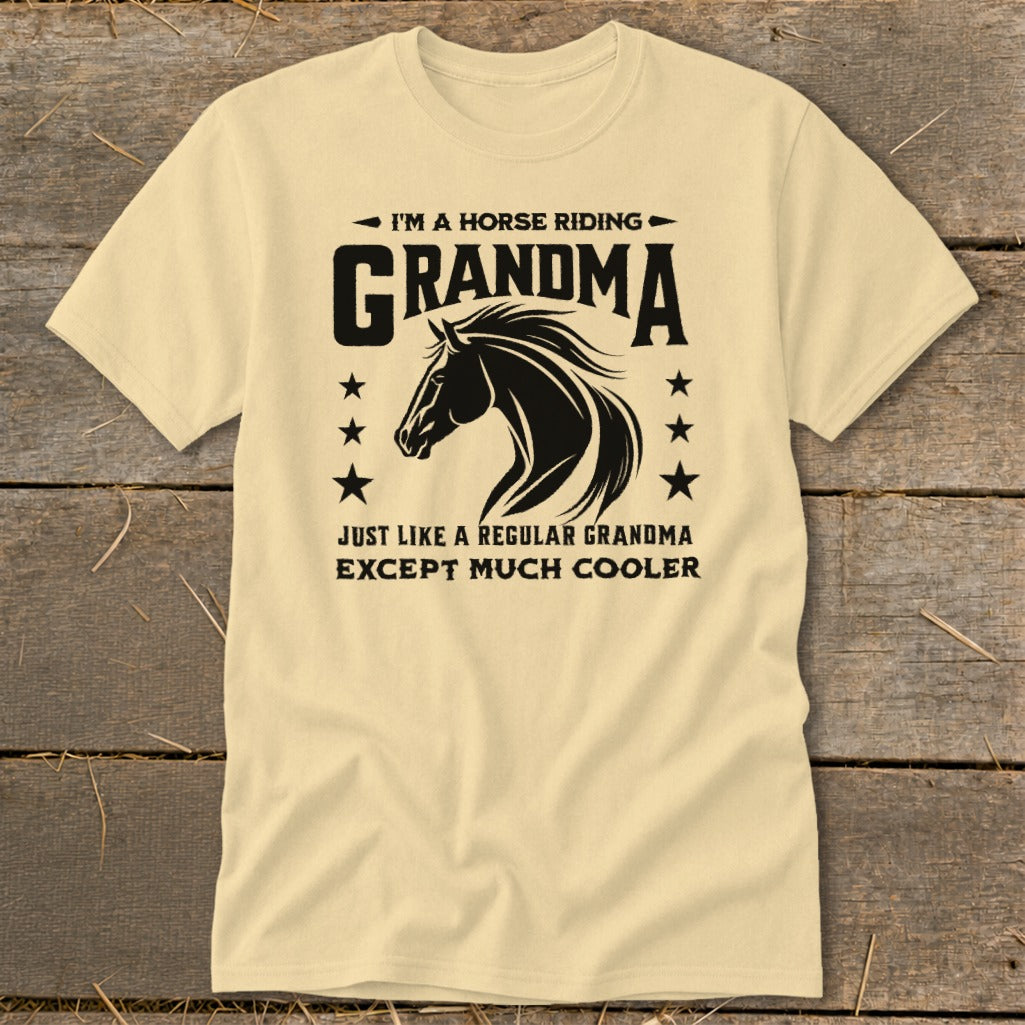 Light yellow t-shirt with black text and horse graphic: "I'm a Horse Riding Grandma."
