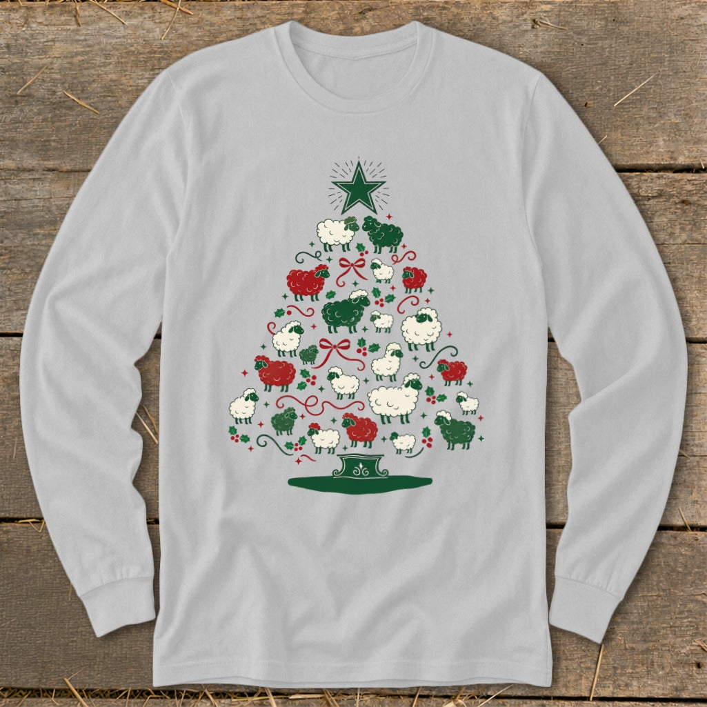 Gray long-sleeve shirt with a Christmas tree made of sheep and festive accents.