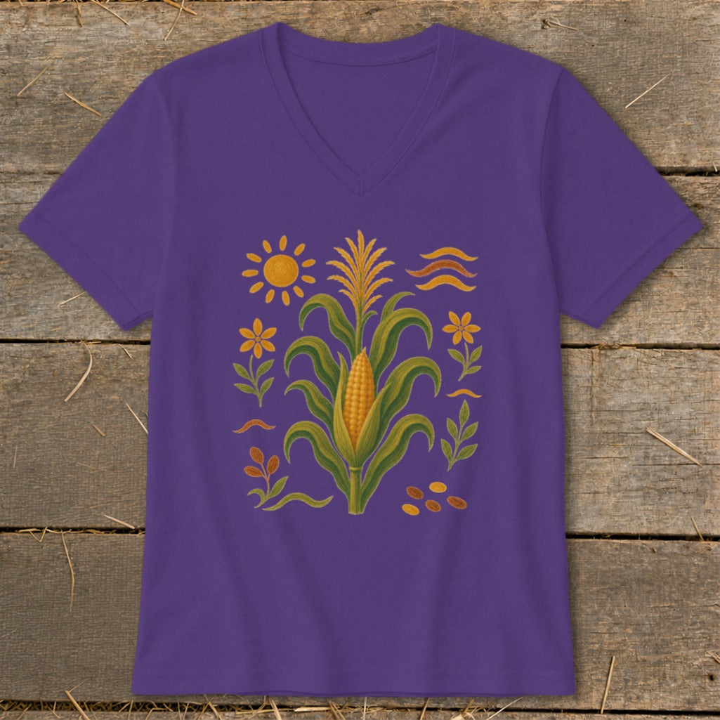 Purple t-shirt with a folk art illustration of a corn stalk and sun.