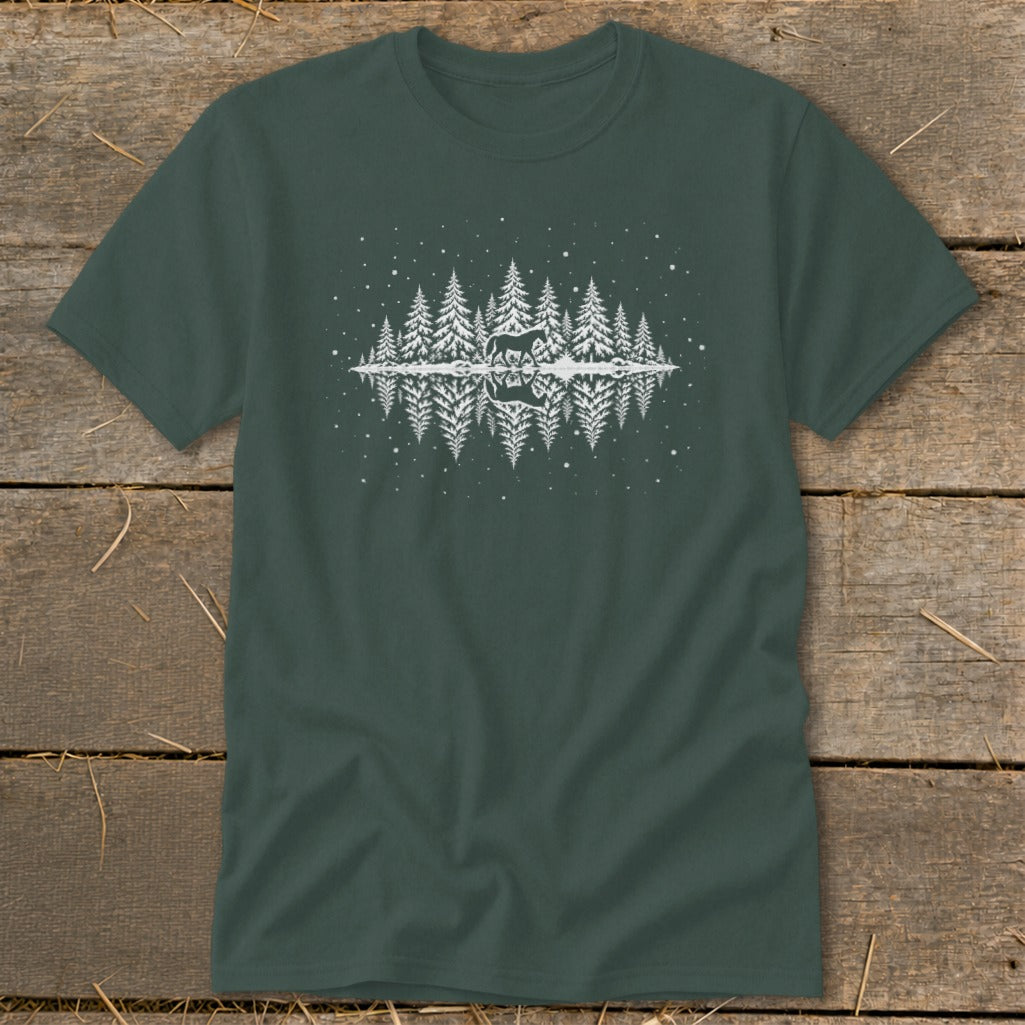 Dark green t-shirt with a white graphic of a forest, a deer, and its reflection.