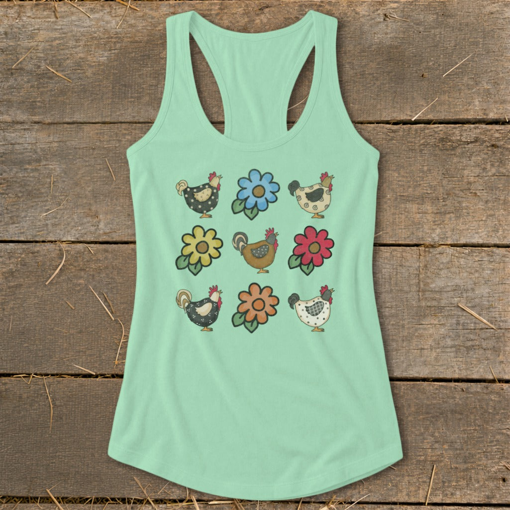Mint green tank top with a grid of cartoon chickens and flowers.