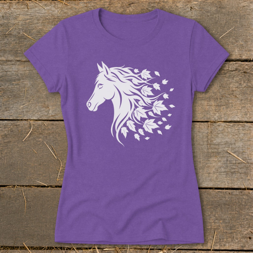 Purple t-shirt with a white stylized horse head and flowing mane made of leaves.
