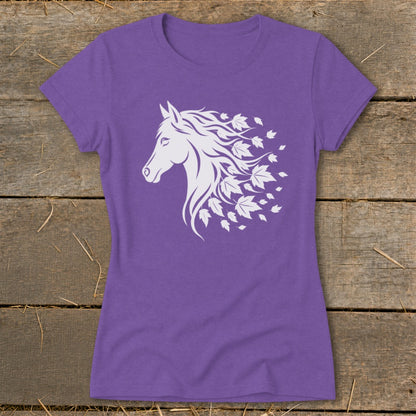 Purple t-shirt with a white stylized horse head and flowing mane made of leaves.
