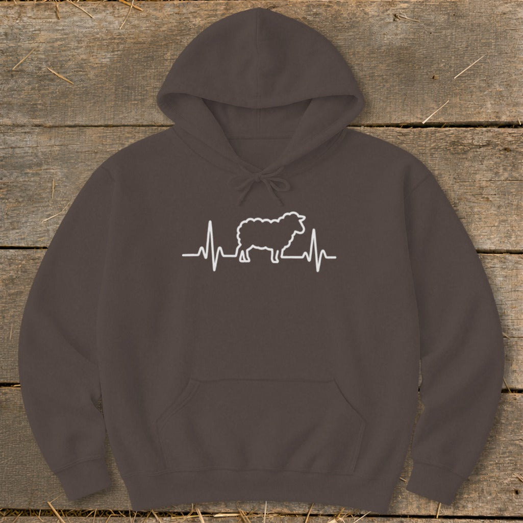 Dark brown hooded sweatshirt with a white graphic of a sheep silhouette over a heartbeat line.