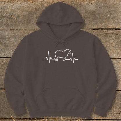 Dark brown hooded sweatshirt with a white graphic of a sheep silhouette over a heartbeat line.