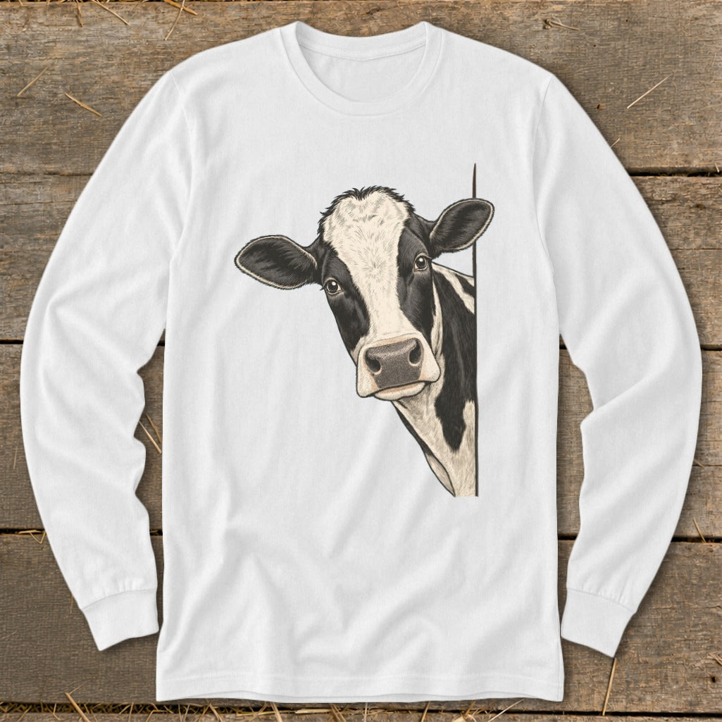 White long-sleeve shirt with black and white cow peeking from the side.