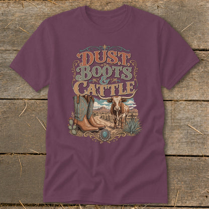 Maroon t-shirt with "Dust Boots & Cattle" text, cowboy boots, and longhorn cow.