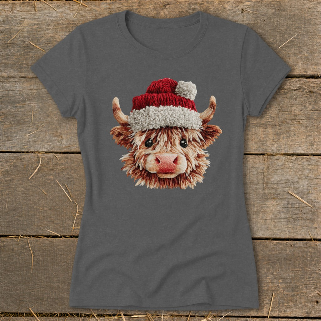Charcoal t-shirt with a highland cow wearing a Santa hat graphic.