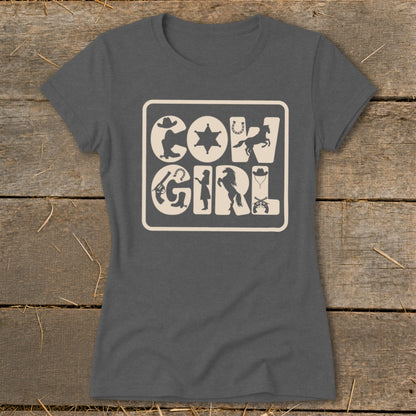 Gray t-shirt with "Cow Girl" text and western-themed illustrations.