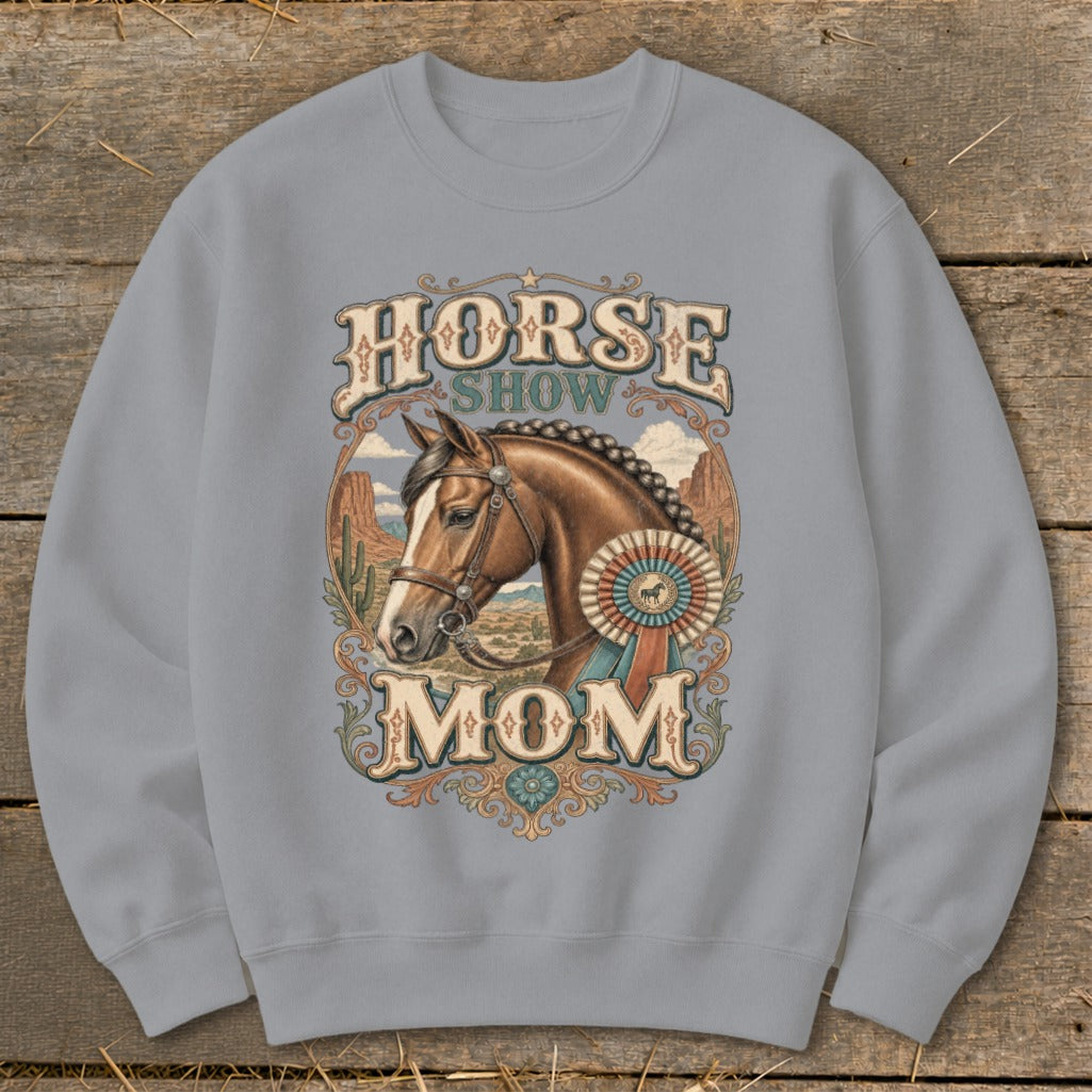 Horse Show Mom graphic with horse head and desert landscape.