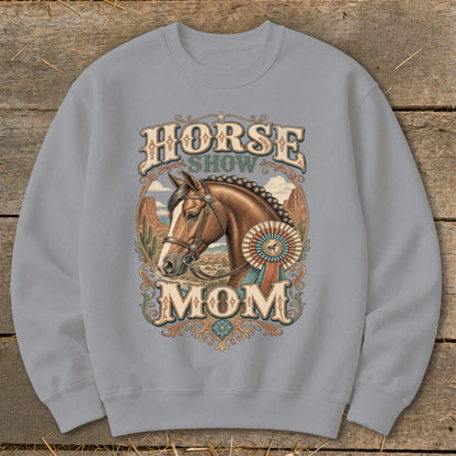 Horse Show Mom graphic with horse head and desert landscape.
