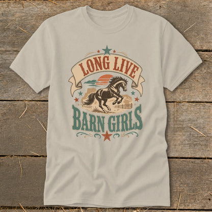 T-shirt with "Long Live Barn Girls" text and a galloping horse graphic.
