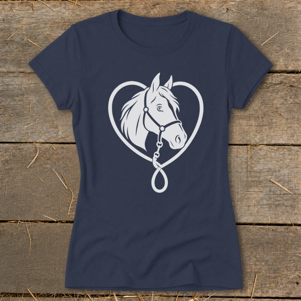 A dark blue women's t-shirt features a white graphic of a horse's head framed by a heart shape.