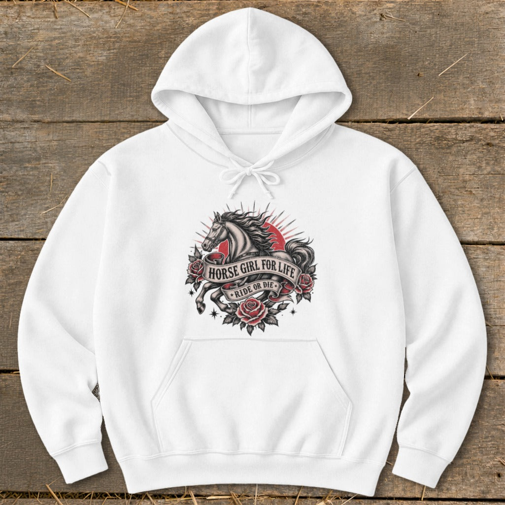 White hoodie with a horse, roses, and text "HORSE GIRL FOR LIFE RIDE OR DIE".