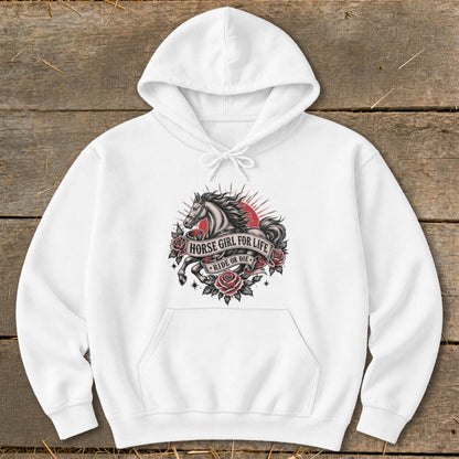 White hoodie with a horse, roses, and text "HORSE GIRL FOR LIFE RIDE OR DIE".