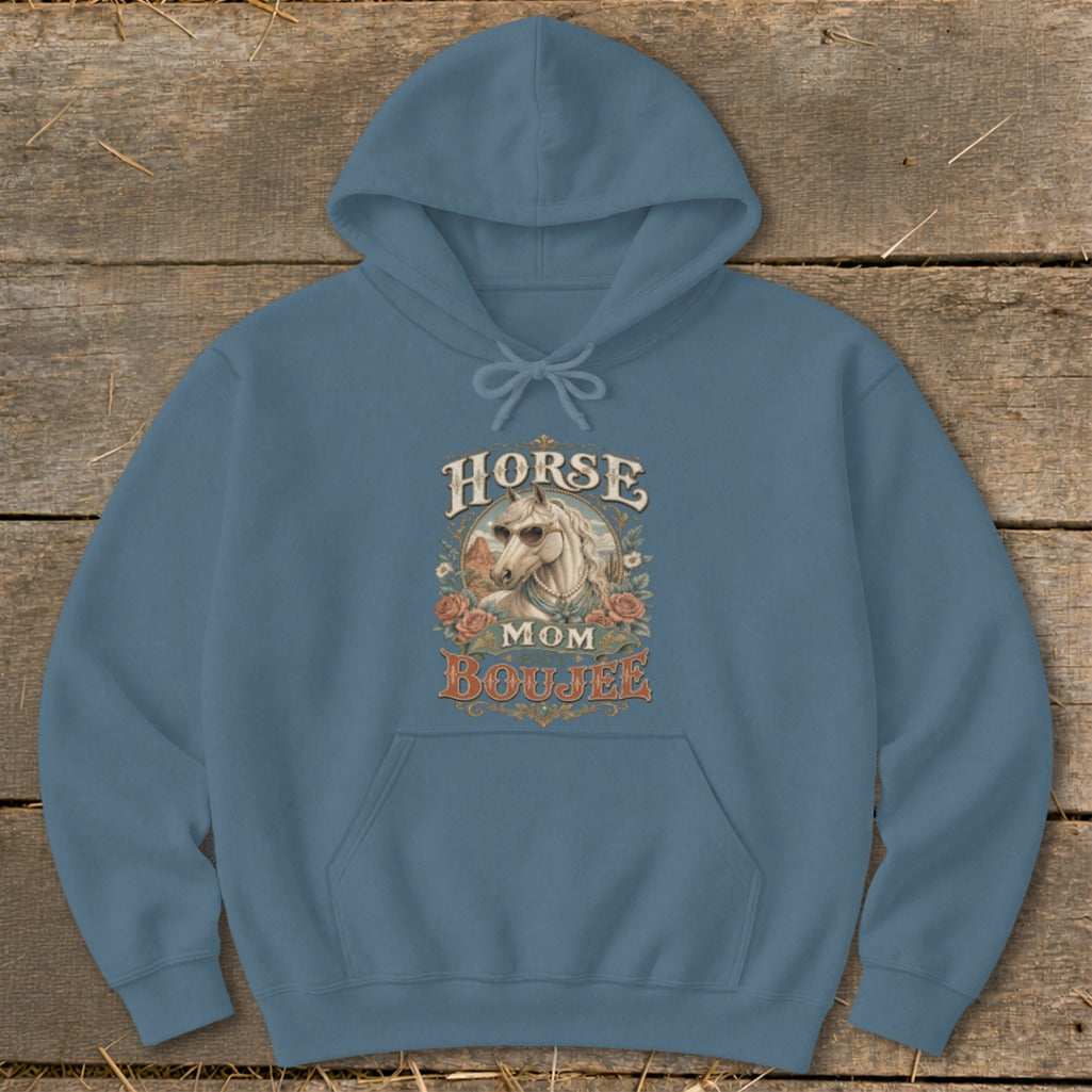 Blue hoodie with "Horse Mom Boujee" text and horse graphic.