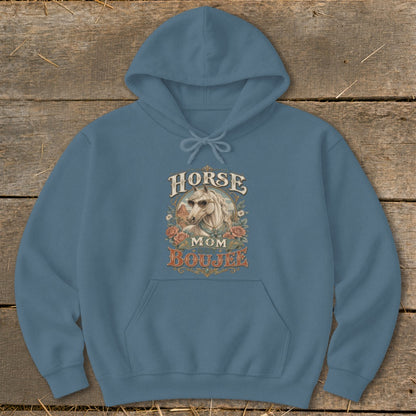 Blue hoodie with "Horse Mom Boujee" text and horse graphic.