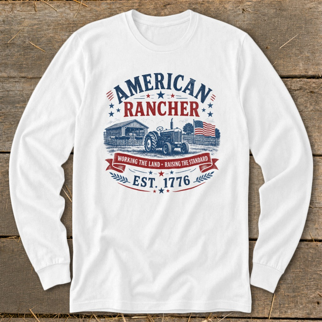 American Rancher graphic with tractor, barn, flag, and "Est. 1776" text.